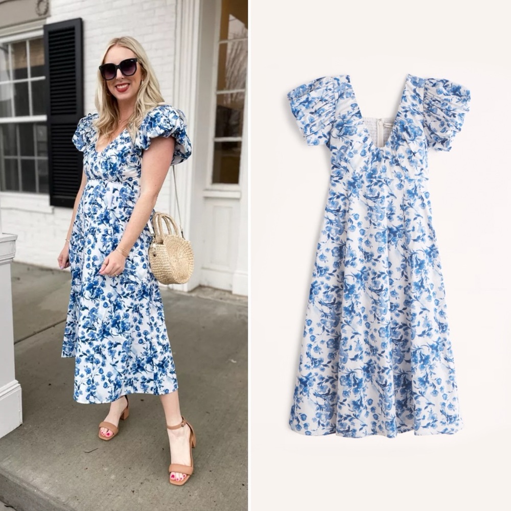 Abercrombie and Fitch Puff Sleeve Plunge Midi Dress